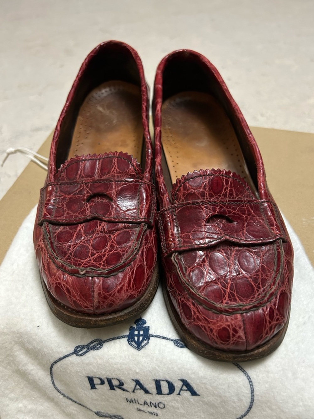Prada Croc-Embossed Penny Loafers in Deep Wine